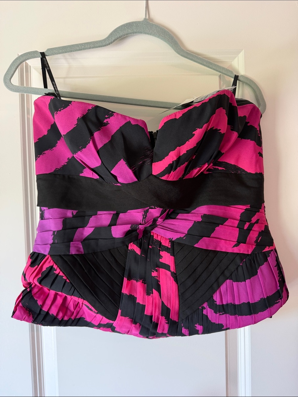 bebe Black and Hot Pink Strapless Peplum Bustier Top